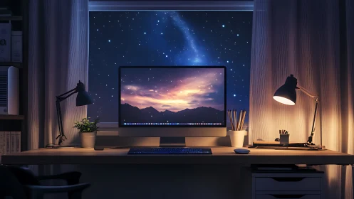 Dual-lit desktop workstation facing star-filled night sky