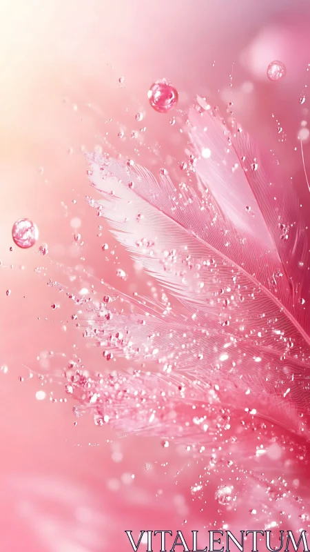 Macro study of pink feather micro‑barbs and refractive droplets