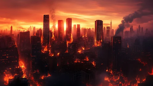 Burning city skyline under intense red sunset sky.