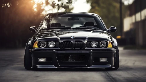 Front view of black BMW coupe on empty urban roadway.