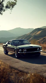 Vintage fastback car is parked on a mountain road