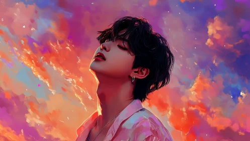 Side profile portrait aligns with saturated abstract sky background