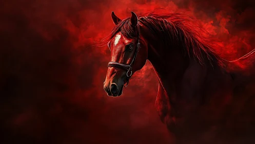 High-contrast red horse portrait with dramatic smoke rendering