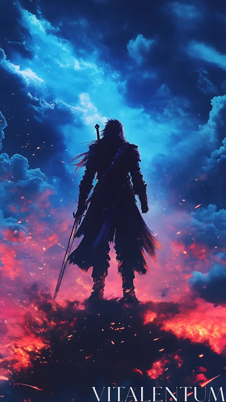 Sky-split warrior on burning clouds of twilight fire.