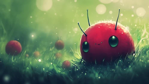 Macro study of glossy red creature sphere in dewy grass bokeh