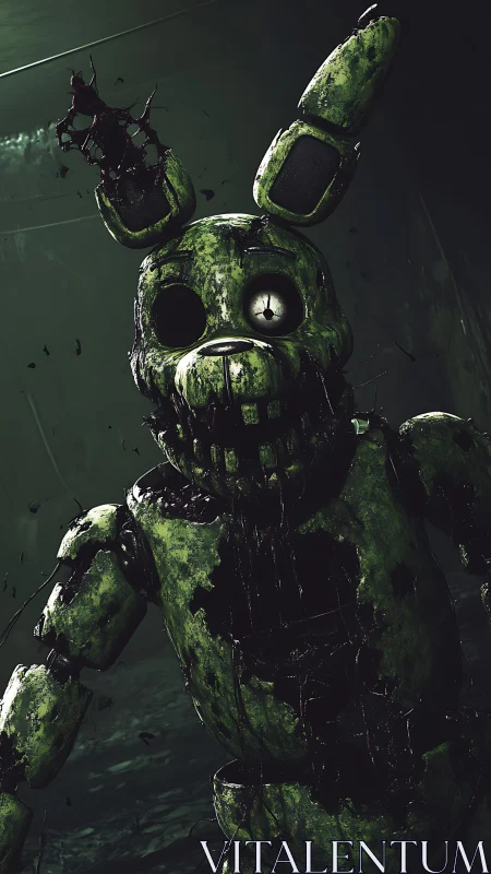 Decayed green rabbit animatronic stands in dark corridor