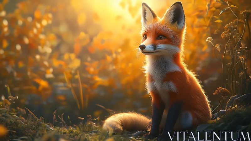 Sunlit autumn fox cub in softly glowing forest clearing.