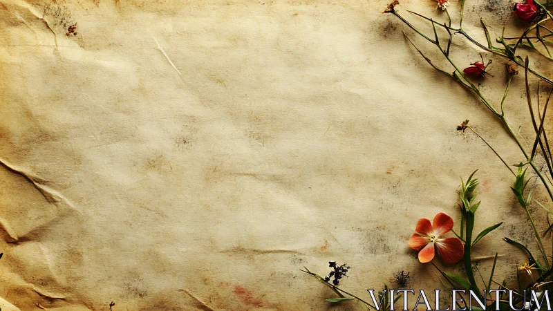 Vintage parchment rests with scattered wildflower accents