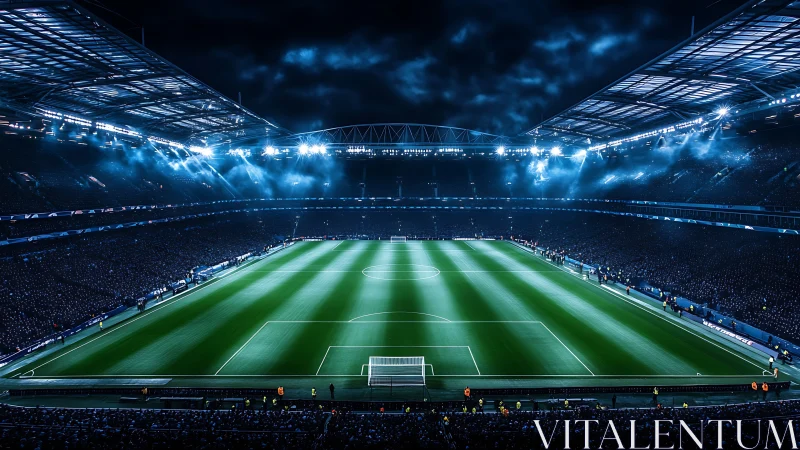 Stadium floodlights carve a glowing emerald stage from night