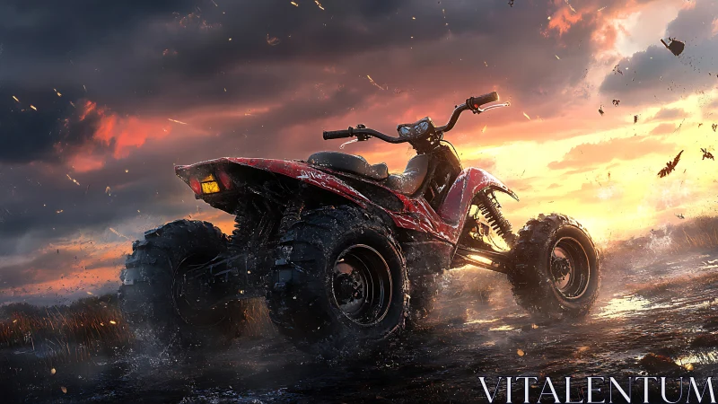 Roaring red ATV kicks up muddy sparks at a glowing sunset