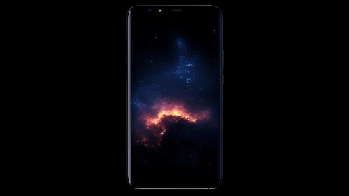 Smartphone displaying cosmic nebula wallpaper with stars.