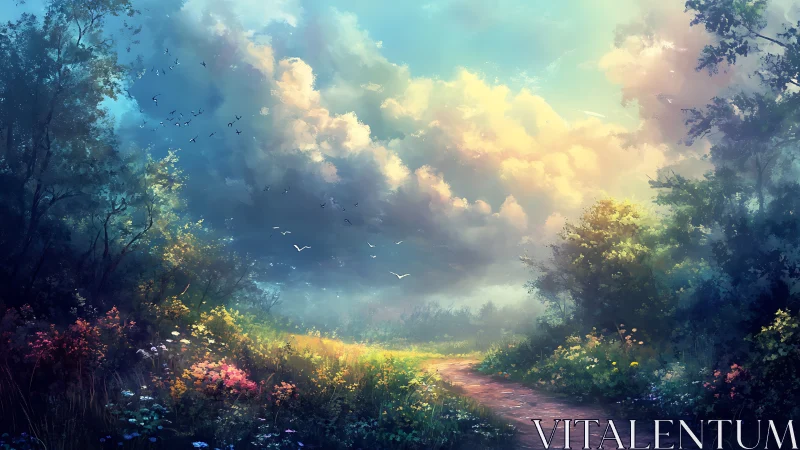 Serene forest path at sunrise with vibrant wildflowers, digital art.