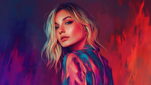 Digital portrait of woman in neon bicolor ambient lighting
