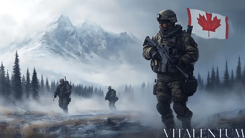 Military patrol in alpine fog with Canadian flag digital study.
