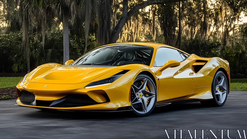 Yellow mid‑engine supercar with sculpted aero body in roadside setting