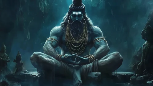 Monolithic ascetic deity in meditative pose rendered digitally