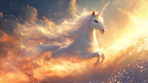 White unicorn strides through luminous golden clouds
