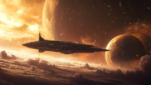 Starlit cruiser glides above molten clouds in twin-planet dusk