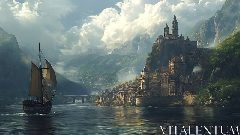 Sunlit river kingdom welcomes a lone ship toward its harbor