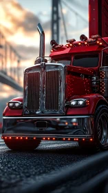 Custom red semi truck with chrome grill on city bridge.