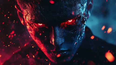 Intense infernal gaze on a cracked, glowing male face.