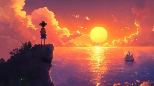 Silhouette child on cliff observes ship crossing vivid sunset sea