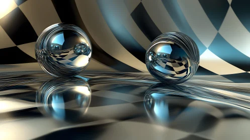 Gleaming chrome spheres drifting over rippled checker waves.