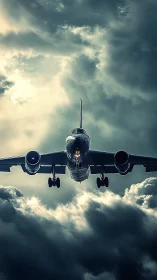 Stormbound jet carves a silver path through bruised clouds.