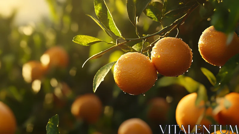 Ripe oranges with dew on branches in soft natural light.