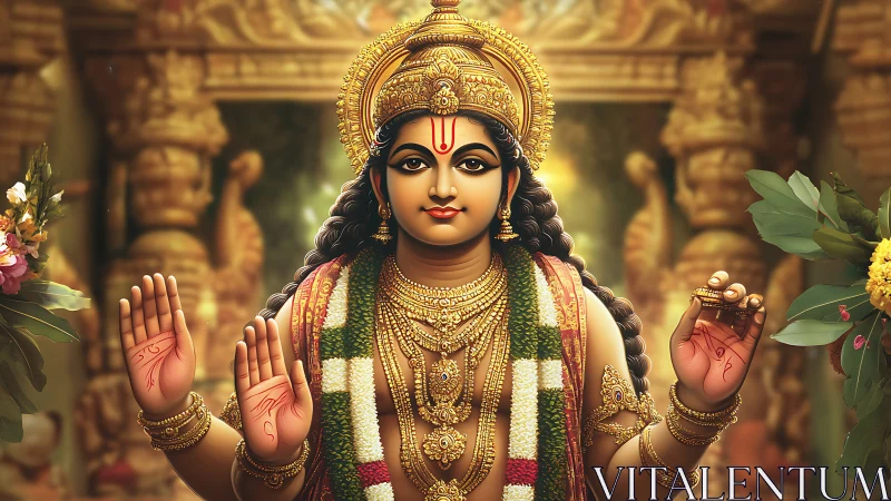 Ornate temple deity portrait with intricate digital detailing.