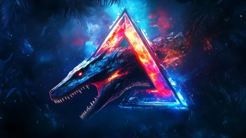 Dragon head intersects glowing triangular neon frame