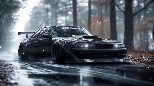Widebody drift coupe under moody snowfall in wet forest road.