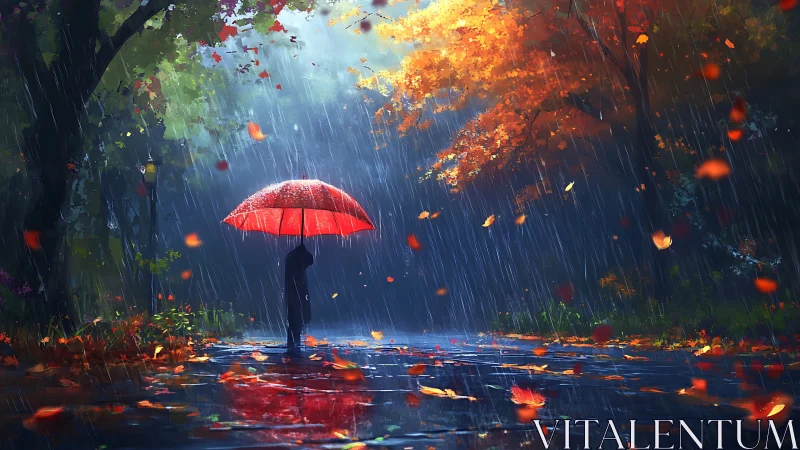 Solitary figure under red umbrella in luminous autumn rain