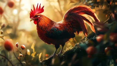 Red Rooster Perched Among Golden Foliage and Berries