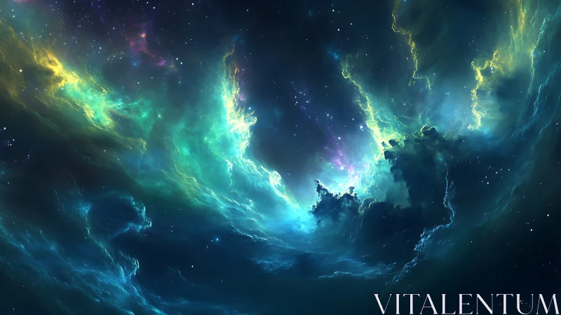 Glowing cosmic clouds opening onto a dreamy starry sky.