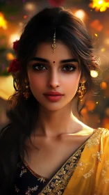 Golden dusk crowns a serene festival muse in soft focus