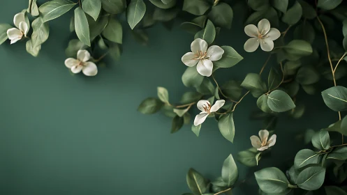 Soft white blossoms drift over deep green foliage backdrop.