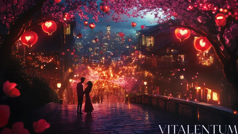 Romantic Couple in Glowing Heart-Shaped Lanterns City Street
