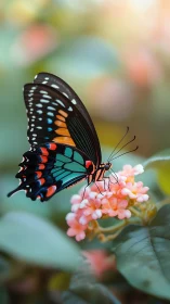 Black swallowtail butterfly rests on soft coral blooms.