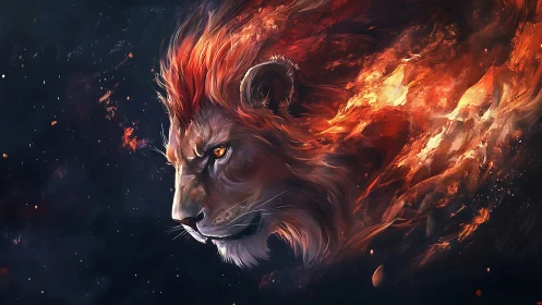 Lion profile merged with trailing abstract fire forms.