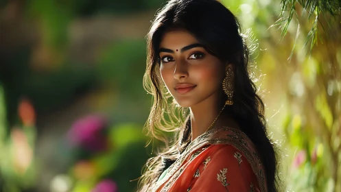 Elegant woman in traditional attire glows in soft garden light.