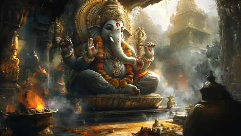 Digital painting of Ganesha in ornate luminous temple interior.