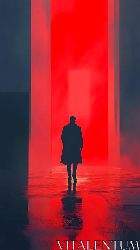 Silhouette entering towering red portal in neon haze.