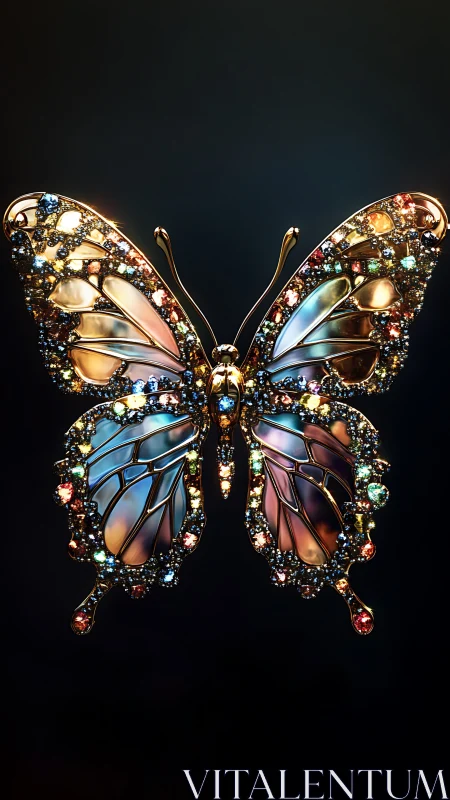 Jeweled metallic butterfly ornament on dark background.