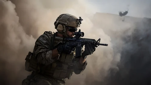 Focused modern soldier advances carefully through thick smoke