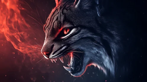 Fiery-eyed wildcat roaring through shadow and embers.