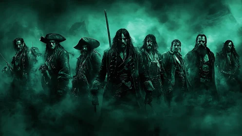 Cohesive pirate crew lineup in monochromatic teal atmospheric haze