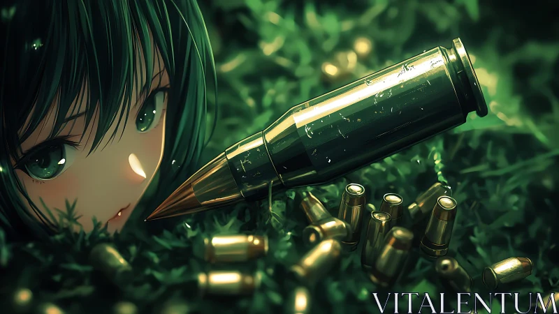 Anime character beside large bullet and scattered ammo.