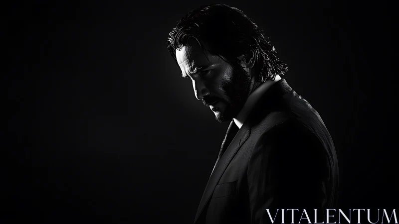 Brooding man in suit emerges from stark monochrome shadows.