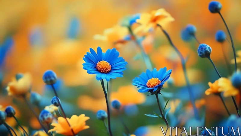 Blue Daisies with Orange Centers in Shallow Depth Field.